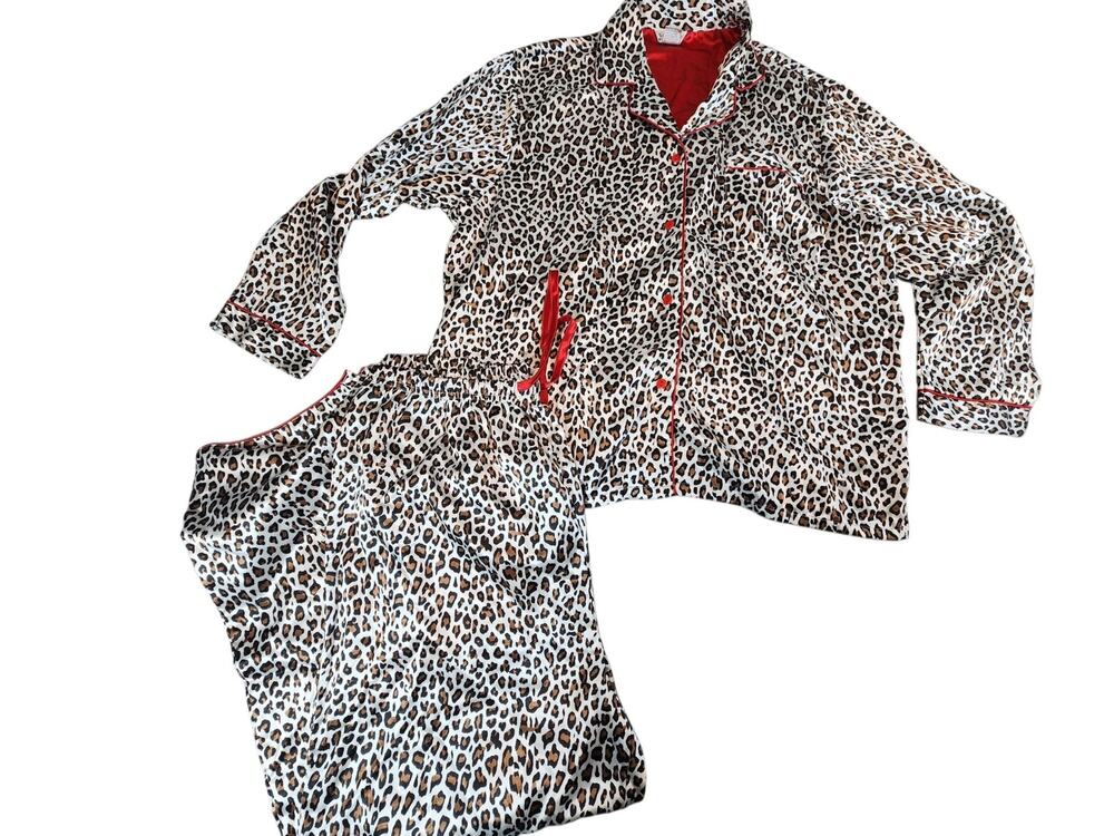 Kathryn Leopard Print Pajama Set XL Satin Feel Red Trim Button Front Lounge